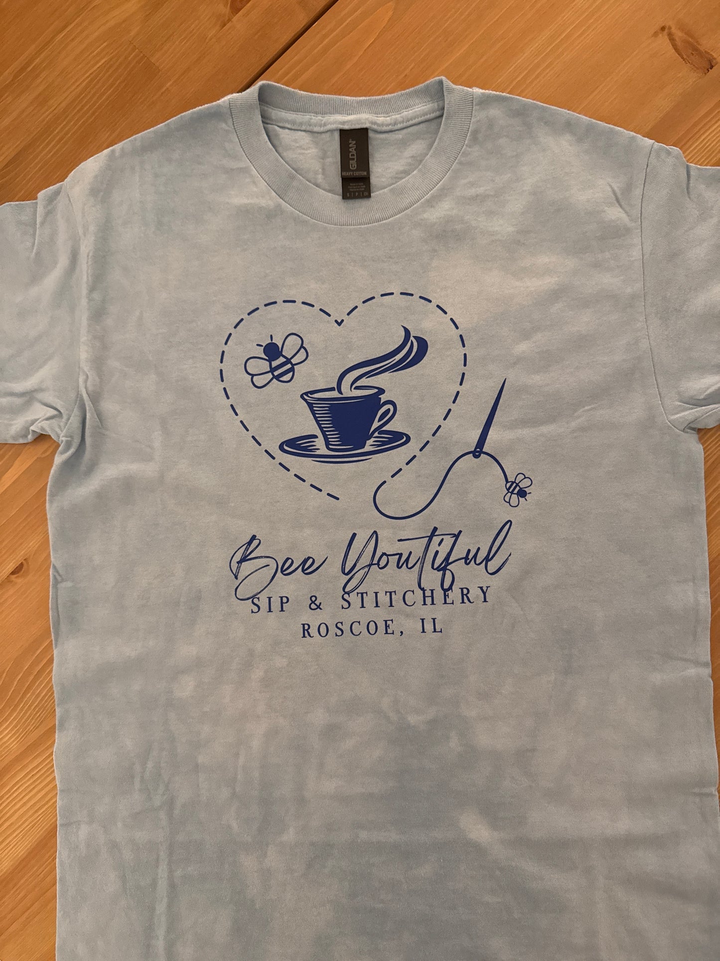 Bee Youtiful Sip and Stitchery T-Shirt - Blue