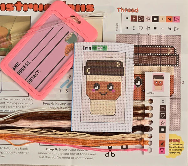 Calvin the Cappuccino Cross Stitch Luggage Tag Kit - Jumpseat Therapy