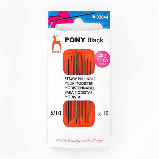 Sizes 5, 7, and 10 Pony Black hypoallergenic beading needles with black eyes