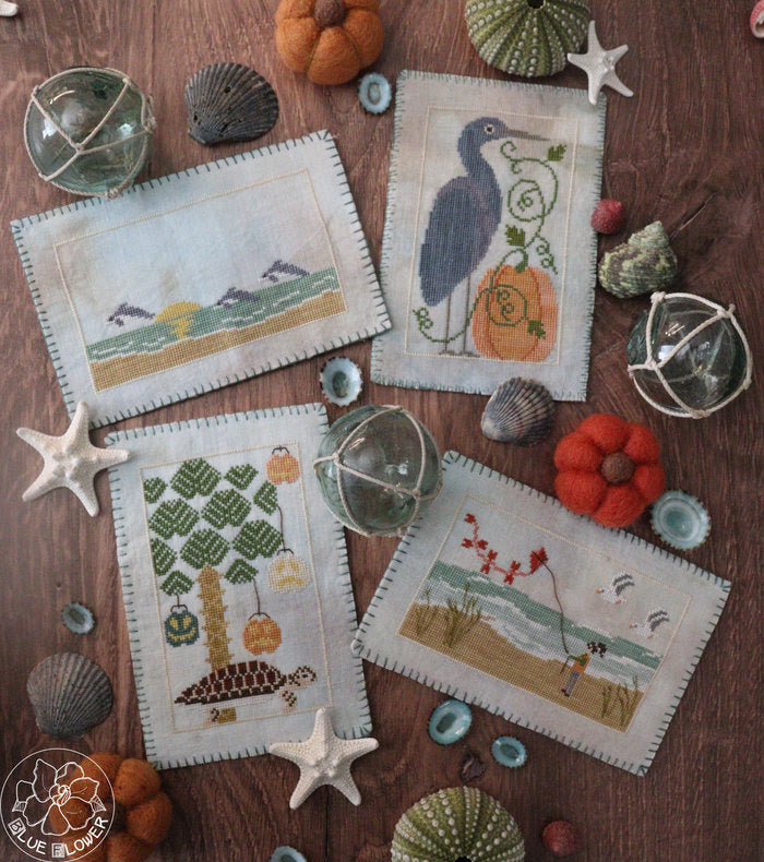 Autumn Beach Postcards - Blue Flower Stitching